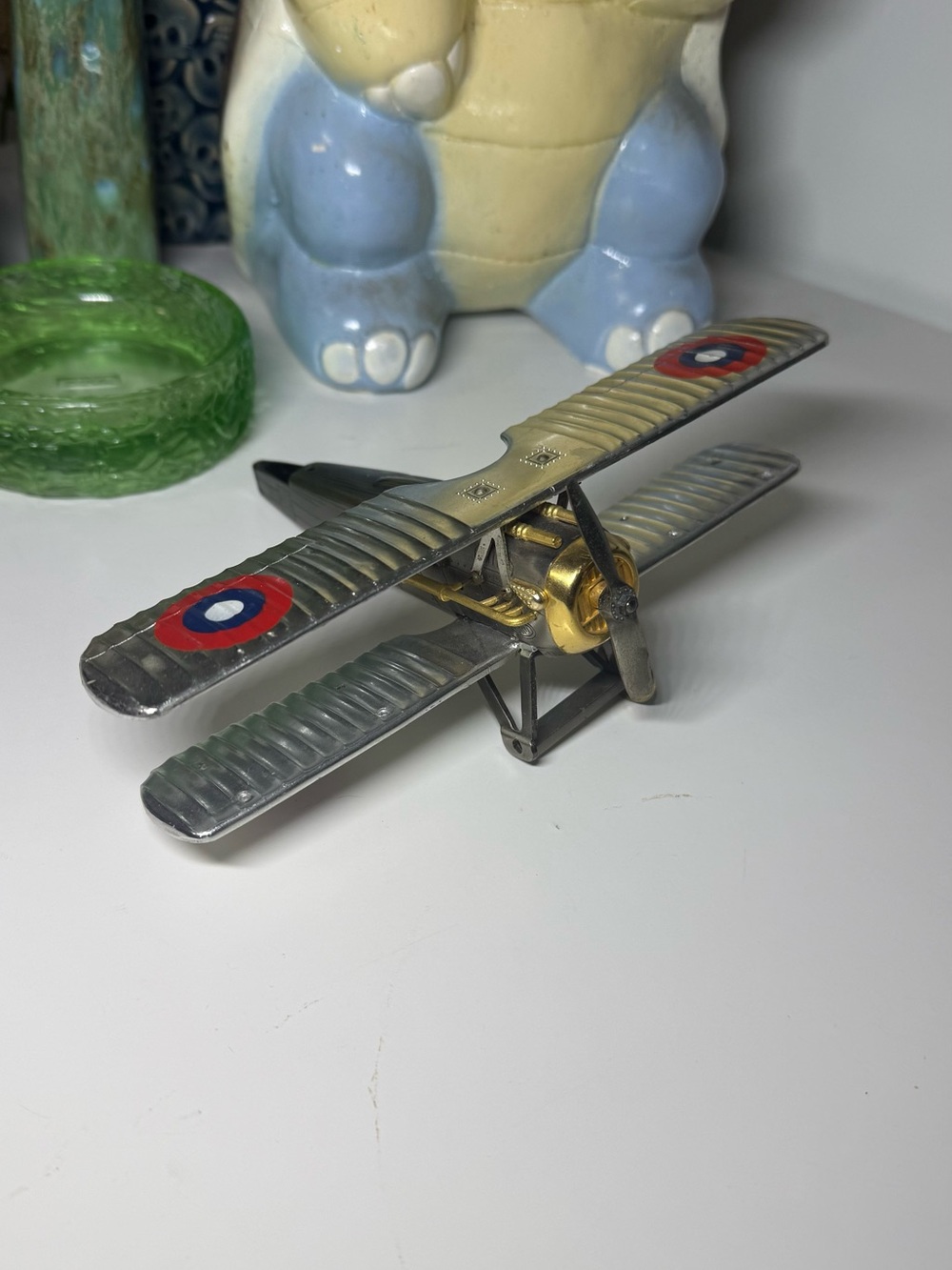 Vintage Japan Metal Die Cast Bi Wing Military Airplane Missing Parts